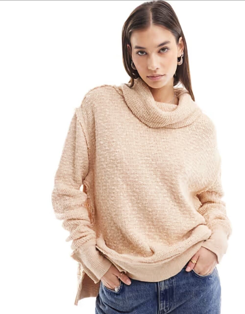 Free People Sweater Turtleneck Toasted Almond Tommy Top M Boho Slouchy Cozy